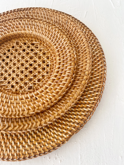Set of 3 Rattan Honey Plate Charger Wall Basket