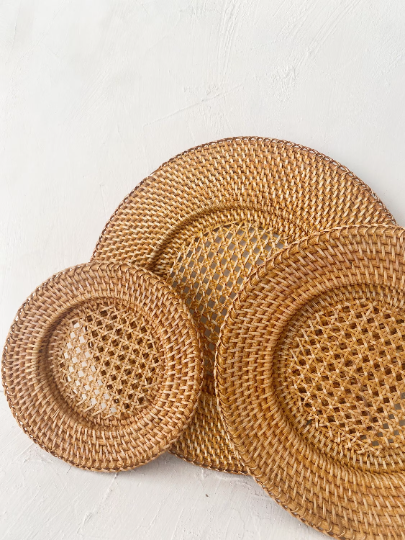 Set of 3 Rattan Honey Plate Charger Wall Basket
