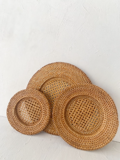 Set of 3 Rattan Honey Plate Charger Wall Basket