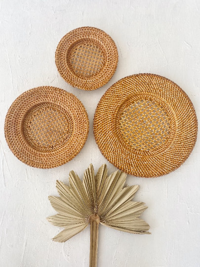 Set of 3 Rattan Honey Plate Charger Wall Basket