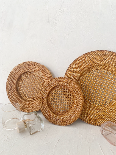 Set of 3 Rattan Honey Plate Charger Wall Basket