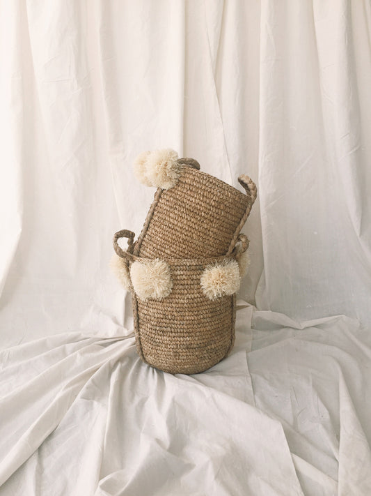 Set of 2 Pom Raffia Basket