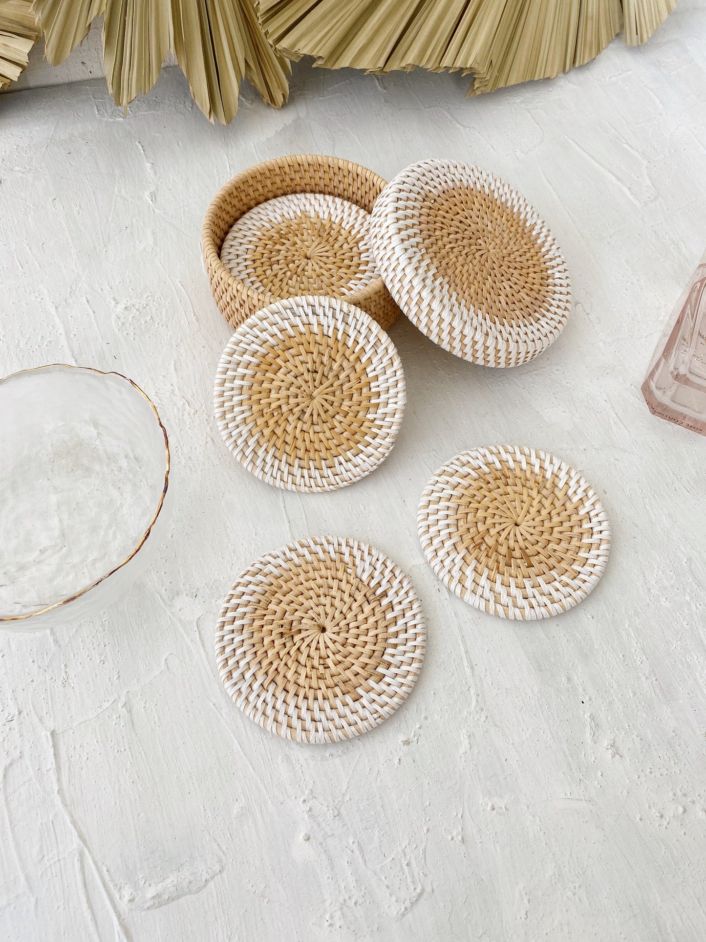 Set of 6 Lombok Rattan Coaster with Coaster Holder