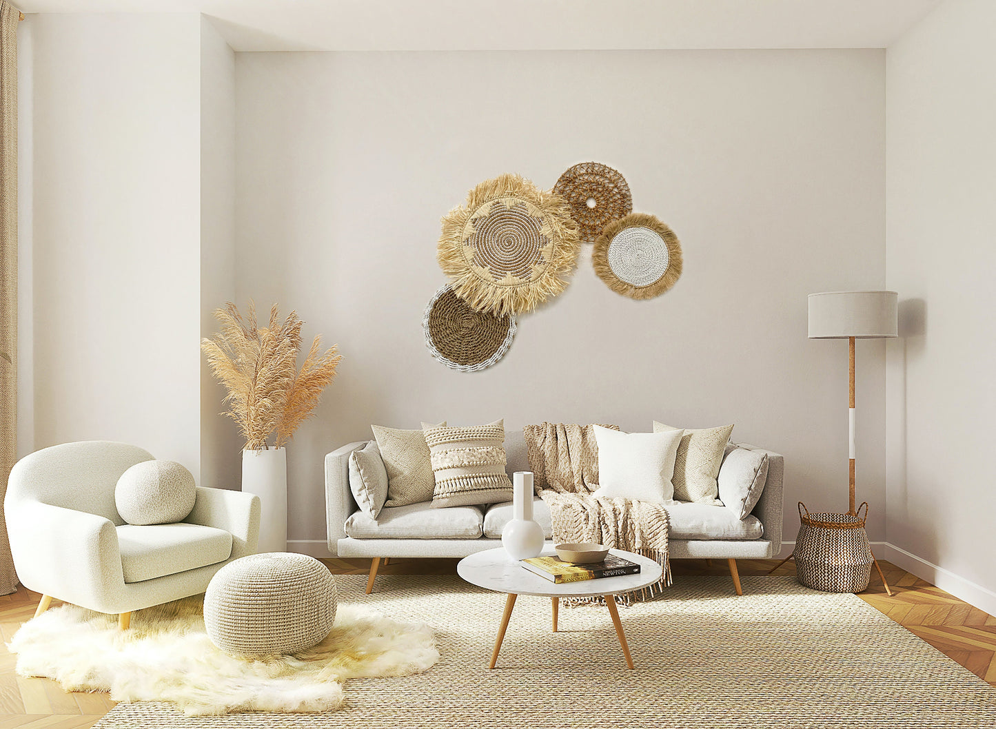 Set of 4 Boho Natural Wall Basket with Fringe