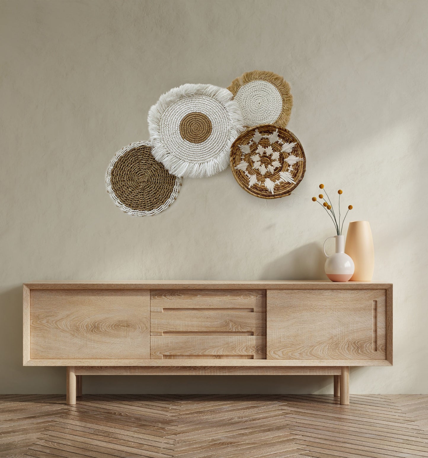 Set of 4 Boho White Wall Basket with Fringe