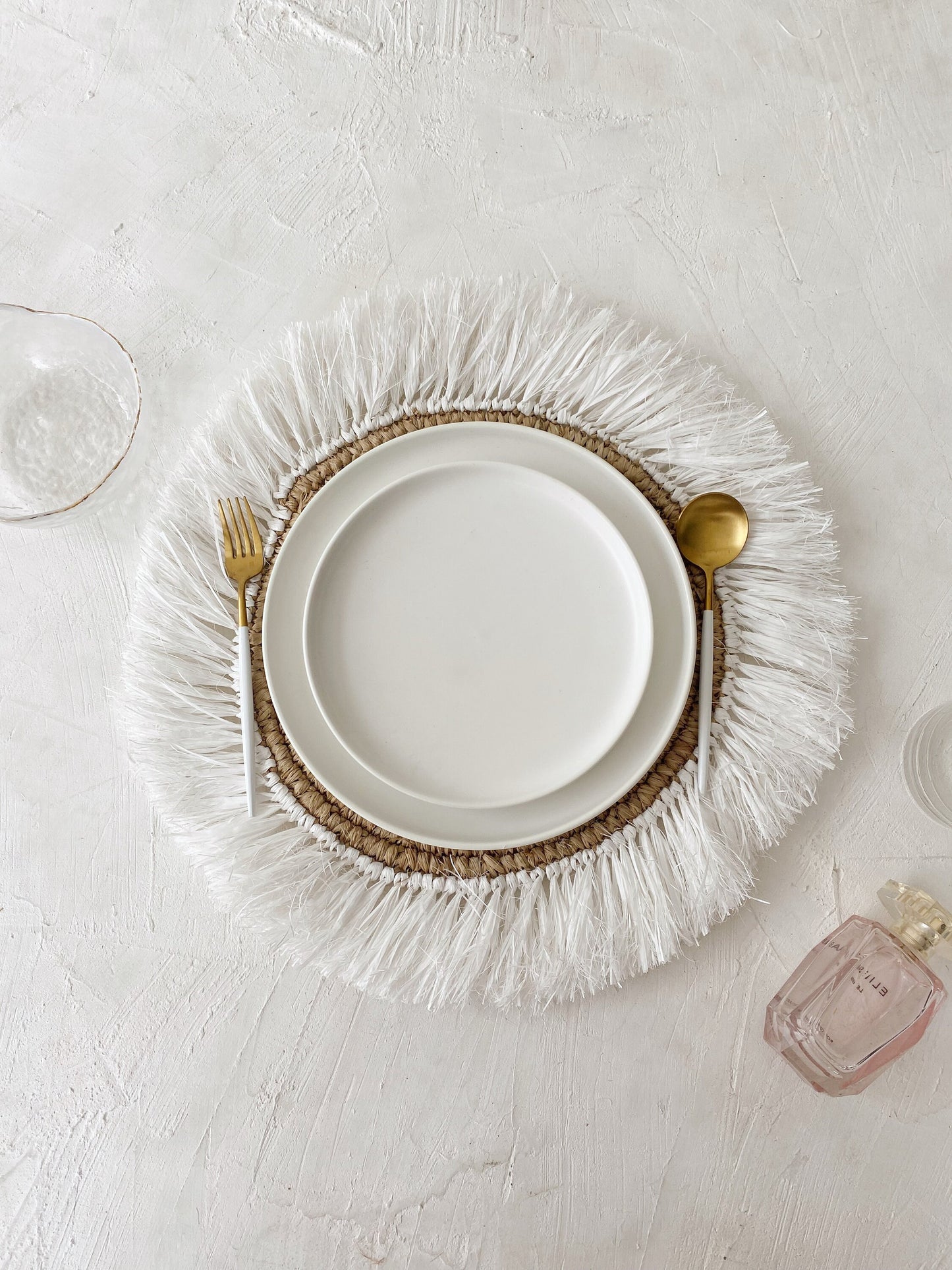 Natural Raffia with White Fringe Placemats