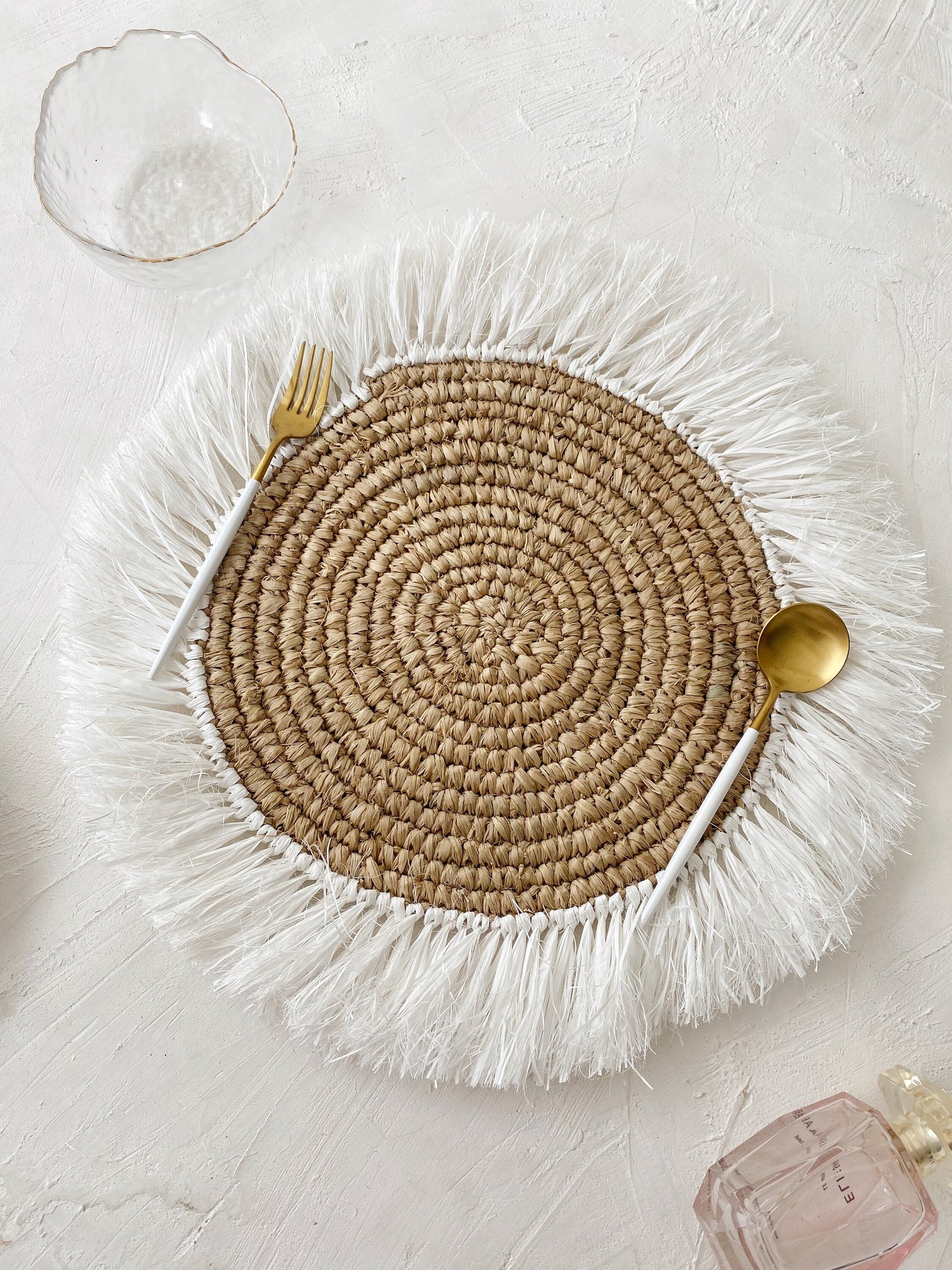 Natural Raffia with White Fringe Placemats