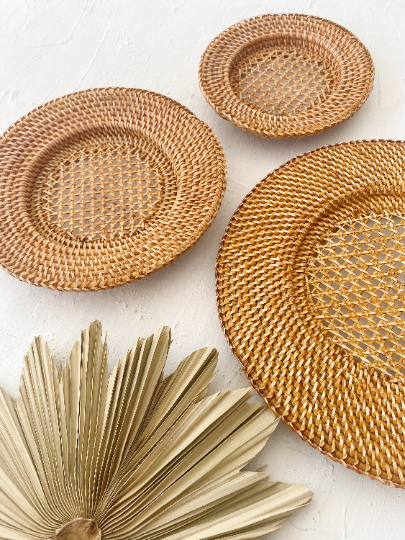 Set of 3 Rattan Honey Plate Charger Wall Basket