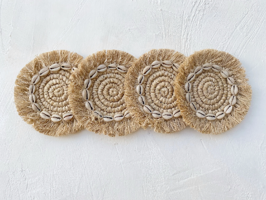 Set of Raffia Fringe Shell Coaster